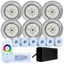 Kit 6 Refletores Led 18w RGB Inox e Comando para Iluminação Piscina Fibra
