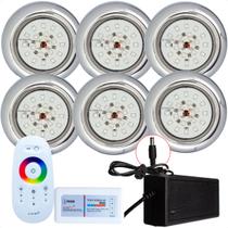 Kit 6 Refletores Led 18w RGB Inox e Comando para Iluminação Piscina