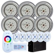 Kit 6 Refletores Led 18w RGB Inox e Comando para Iluminação Piscina Vinil