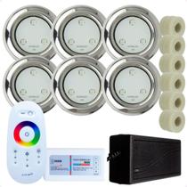 Kit 6 Refletores Led 6w RGB Inox S e Adaptadores Cano 50mm e Comando para Iluminação Piscina Kit 6 Refletores Led 6w RGB Inox S e Adaptadores Cano 50mm e Comando para Iluminação Piscina