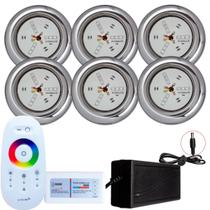 Kit 6 Refletores Led 9w RGB Inox e Comando para Iluminação Piscina