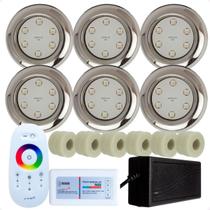 Kit 6 Refletores Led 9w RGB Inox S e Adaptadores Cano 50mm e Comando para Iluminação Piscina Kit 6 Refletores Led 9w RGB Inox S e Adaptadores Cano 50mm e Comando para Iluminação Piscina