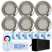 Kit 6 Refletores Led 9w RGB Inox S e Comando para Iluminação Piscina Fibra