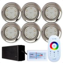 Kit 6 Refletores Led 9w RGB Inox S e Comando para Iluminação Piscina Kit 6 Refletores Led 9w RGB Inox S e Comando para Iluminação Piscina