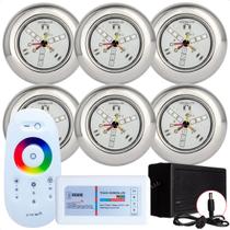 Kit 6 Refletores Led 9w RGB Inox S e Comando para Iluminação Piscina