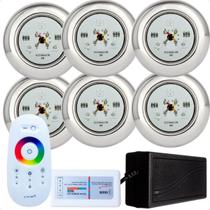 Kit 6 Refletores Led 9w RGB Inox S e Comando para Iluminação Piscina