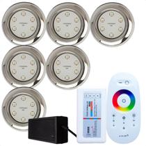 Kit 6 Refletores Led 9w RGB Inox S e Comando para Iluminação Piscina