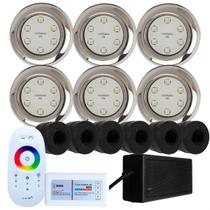 Kit 6 Refletores Piscina Led 9w RGB Inox S e Adaptador 50mm e Comando