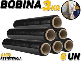 Kit 6 Rolos Bobina Filme Stretch Preto 500x30mic C/ 200m 3kg
