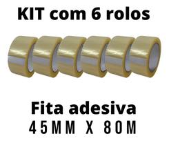 Kit 6 Rolos Fita Adesiva Transparente 45 mm x 80 metros Cola Forte Durex Largo Resistente Não Rasga Kit 6 Rolos Fita Adesiva Transparente 45 mm x 80 metros Cola Forte Durex Largo Resistente Não Rasga