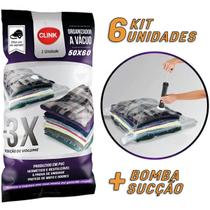 Kit 6 Sacos Organizador a Vácuo 50x60 + Bomba Para Guardar Edredom Jogo de Lençol Roupas Clink