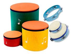Kit 6 surdinhos tambor pandeiro madeira pele animal vibratom