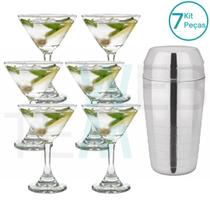Kit 6 Taças de Martini De Vidro 274ml e 1 Coqueteleira Inox 700ml: Taça Para Festa, Drinks, Ocasiões Especiais, Resistente