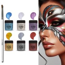 Kit 6 Tintas Liquidas Metalicas 15ml Maquiagem artística Halloween Com Píncel Colormake