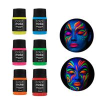 Kit 6 Tintas Neon Colormake 15ml Maquiagem Artística Festa Fantasia Carnaval UV Profissional