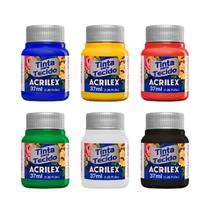 Kit 6 Tintas Tecido Acrilex 37ml Preto Branco Verde Vermelho
