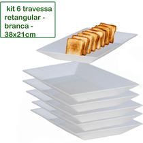 Kit 6 Travessa Saladeira Petisqueira Retangular Le Chef Branca Plástico 38X21X4CM