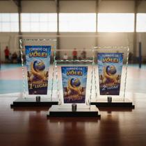 Kit 6 Troféus De Vidro Vôlei Premiação Com Base Em Mdf