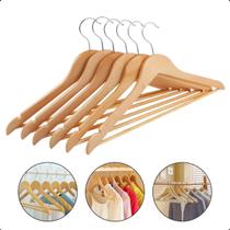 Kit 6 Unidades Cabide Madeira Acabamento Envernizado Adulto Gancho 360º Cromado Antiderrapante Casa Loja de Roupas