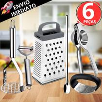 Kit 6 Utensílio Amassador Batata e Alho Ralador N7 Descascador Inox Espremedor Inox Colher de Suco