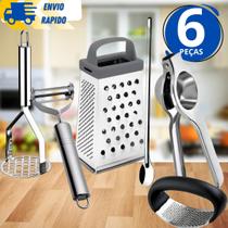 Kit 6 Utensílio Amassador Batata e Alho Ralador N7 Descascador Inox Espremedor Inox Colher de Suco