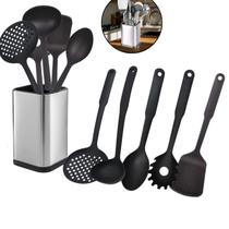 Kit 6 Utensílios Cozinha Premium Suporte Inox Talheres Preto Kit 6 Utensílios Cozinha Premium Suporte Inox Talheres Preto