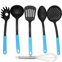 Kit 6 utensílios de Cozinha Colher, Escumadeira, Pegador, Concha, Espátula Cor:Azul