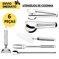 Kit 6 Utensílios de Inox para Cozinha Pegadores , Colher de Sucos, Espátula p/Bolo, Garfo, Desc Legu