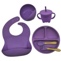 Kit 6 Utensilios De Silicone Para Crianças Infantil Com Ventosa Babador Prato Copo Talheres De Bebê