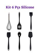 Kit 6 Utensílios Talher Silicone Não Tóxico Colher Escumadeira Pincel Espatula Concha Batedor Fouet