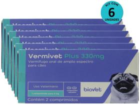 Kit 6 Vermífugo Vermivet Plus 330mg C/ 2 Comprimidos P/ Cães - Biovet