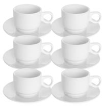 Kit 6 Xícara 150ml Porcelana Branca Lisa com Pires Empilhável Café Chá