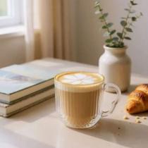 Kit 6 Xícara De Vidro Canelado Boro 180ml Borda Ouro Coração