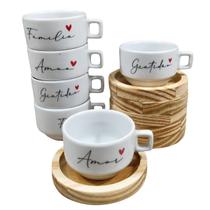 Kit 6 Xícara Frases Delicadas Café Chá Cappuccino Porcelana Estampa:100ml quadrada c/ pires Kit 6 Xícara Frases Delicadas Café Chá Cappuccino Porcelana Estampa:100ml quadrada c/ pires