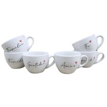 Kit 6 Xícara Frases Delicadas Café Chá Cappuccino Porcelana Estampa:conica100ml