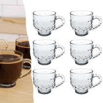 Kit 6 Xicara Vidro Detalhes Retangular Elegante 200ml