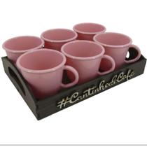 Kit 6 xícaras acrílica rosa com bandeja continho do café - Fortinjet