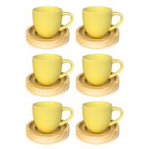 Kit 6 Xícaras Amarelas 95 ml Com Pires De Madeira Redondo