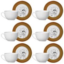 Kit 6 Xícaras Cerâmica Chá Café Pires Flor Minimalista 250ml