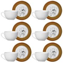 Kit 6 Xícaras Cerâmica Chá Café Pires Flor Minimalista 250Ml