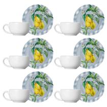 Kit 6 Xícaras Cerâmica Chá Café Pires Lemon Xadrez 85Ml