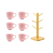 Kit 6 xicaras ceramica de cha rosa 170ml com suporte Kit 6 xicaras ceramica de cha rosa 170ml com suporte