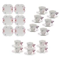 Kit 6 Xicaras Cha 06 xicaras café c/ pires e 6 Prato Sobremesa Porcelana Borboleta Kit 6 Xicaras Cha 06 xicaras café c/ pires e 6 Prato Sobremesa Porcelana Borboleta