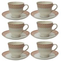 Kit 6 Xícaras De Chá 170 Ml 6 Pires Porcelana Coreana Casca De Ovo Detalhes Rosa Elegância E Leveza