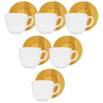 Kit 6 Xícaras De Porcelana Com Pires De Bambu 100Ml Kit 6 Xícaras De Porcelana Com Pires De Bambu 100Ml