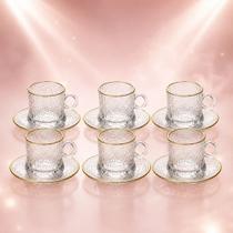 Kit 6 Xícaras De Vidro Com Pires 80ml Borda Dourada Café Transparente Texturizado Com Borda Dourada