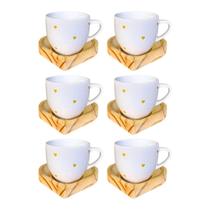 Kit 6 Xícaras Paris 170ml Poá Coração Amarelo Com Pires De Madeira Coração Kit 6 Xícaras Paris 170ml Poá Coração Amarelo Com Pires De Madeira Coração