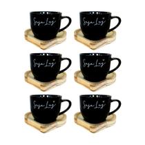 Kit 6 Xícaras Paris Preta Seja Luz 170ml Moderna C/ Pires De Coração Kit 6 Xícaras Paris Preta Seja Luz 170ml Moderna C/ Pires De Coração