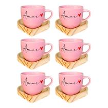 Kit 6 Xícaras Paris Rosa 170ml Amor Moderna Com Pires De Coração Kit 6 Xícaras Paris Rosa 170ml Amor Moderna Com Pires De Coração
