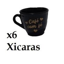 Kit 6 xicaras redonda preta 70ml escrito "café com fé" em dourado plastico Kit 6 xicaras redonda preta 70ml escrito "café com fé" em dourado plastico